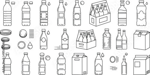 Plastic Water Bottle and Beverage Packaging Icon Set featuring Glass Bottles, Liquid Containers, Product Cartons, and Multi-pack Carriers for Commercial Branding and Graphic Design