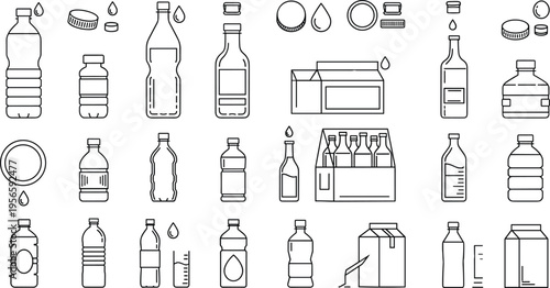 Massive FMCG Beverage Packaging and Wholesale Distribution Icon Set Featuring Plastic Bottles, Industrial Cartons, Carrier Crates, Shipping Boxes, and Liquid Measurement Vector Illustrations