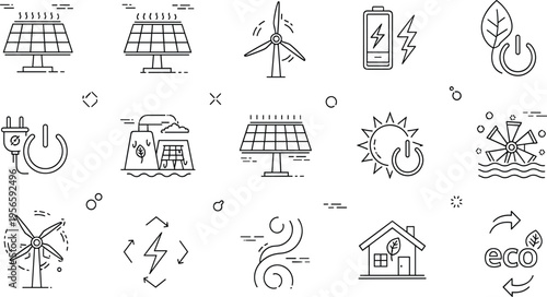 Renewable Energy and Eco Friendly Technology Icon Set featuring Solar Panels, Wind Turbines, Green House, Battery Power, and Sustainable Environment Symbols for Digital Media