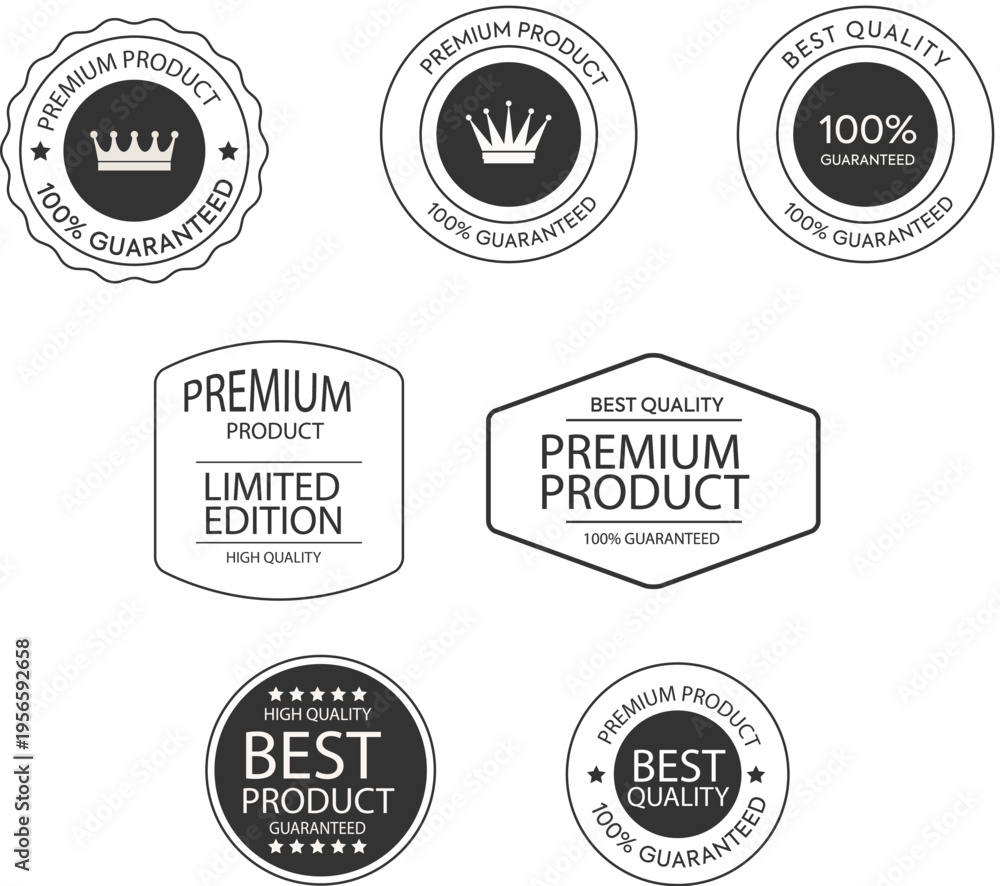 Fototapeta premium Best Quality Product Badge Icons Set, Premium Quality Badge Icon Set Vector, Vintage Premium Labels and Badges Collection, Premium Product Labels Vintage Style Vector Set