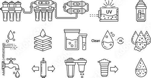 Water Filtration and Purification Line Icon Set – Clean Drinking System Vector Collection
