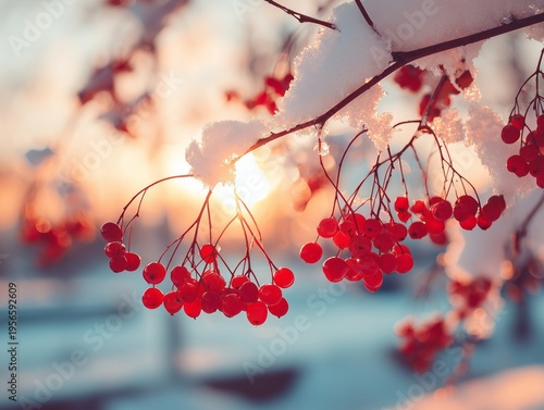 Bright Red Berries on Snowy Branches Near Sunset in Winter Season