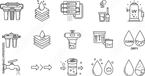 Water Purification Line Icon Set Featuring Reverse Osmosis Filtration Systems, UV Sterilizers, Clean and Dirty Liquid Indicators, Faucets, and Laboratory Test Samples