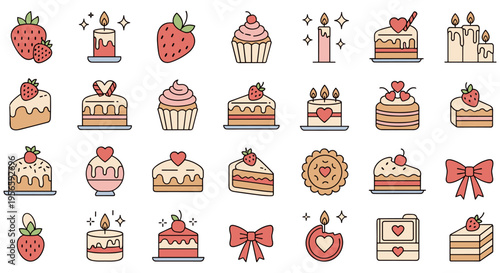 Colorful cartoon bakery icons with desserts and sweets in flat illustration for food branding