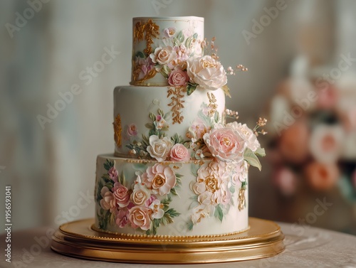 Elegant Cake With Detailed Flowers Showcased at a Wedding Reception in a Mode...