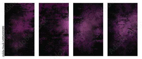 Dark purple grunge texture abstract background set with halftone patterns and distress.