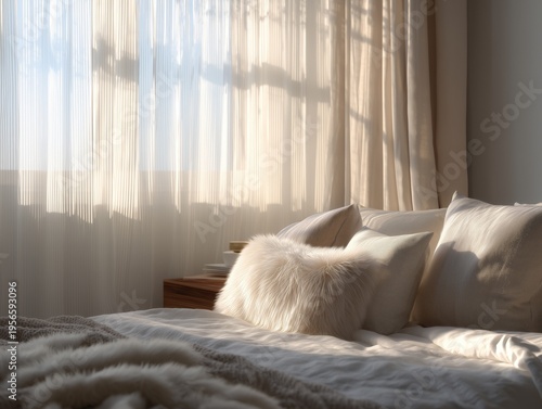 Soft Light Fills the Room as Shadows Dance Across the Bed in a Cozy Space in ...