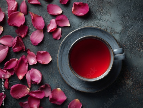 Warm Tea Cup on a Table Surrounded by Rose Petals and a Single Rose at a Cozy...