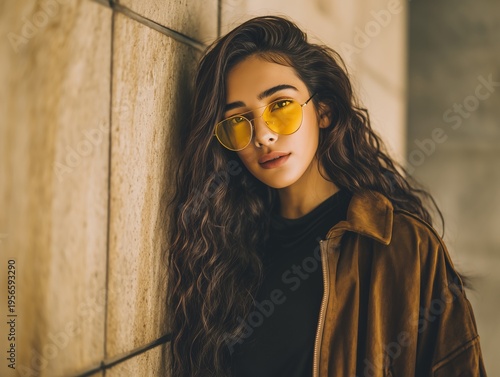 Young Woman Leans Against Stone Wall Wearing Yellow Sunglasses in Urban Setti...