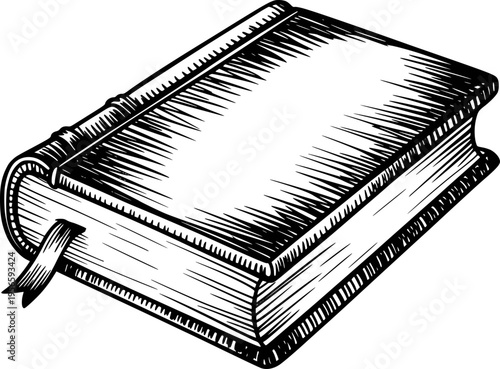 Black and white of a closed book with a ribbon bookmark and textured pages vintage