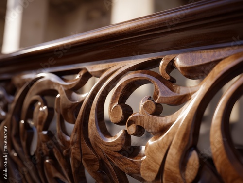 Wooden Carving With Intricate Patterns Displayed Under Soft Light in a Dim Se...