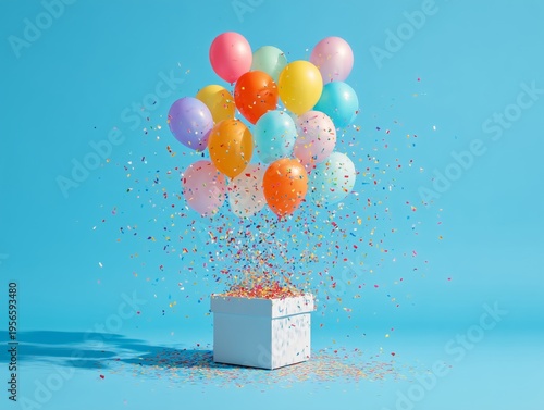 Colorful Balloons Float From a Gift Box With Confetti in a Bright Setting Dur...