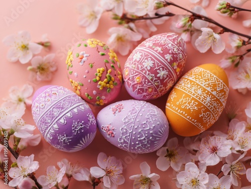 Colorful Eggs Placed Among Cherry Blossoms on a Pink Background for a Spring ...