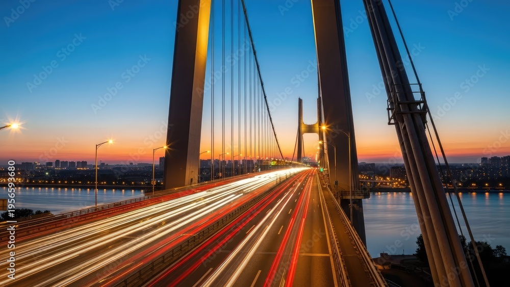 Fototapeta premium A busy suspension bridge with traffic lights at dusk near water