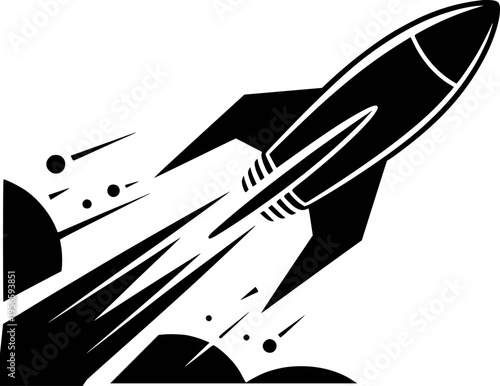 Black and white retro rocket ship blasting off with speed lines and stars spaceship