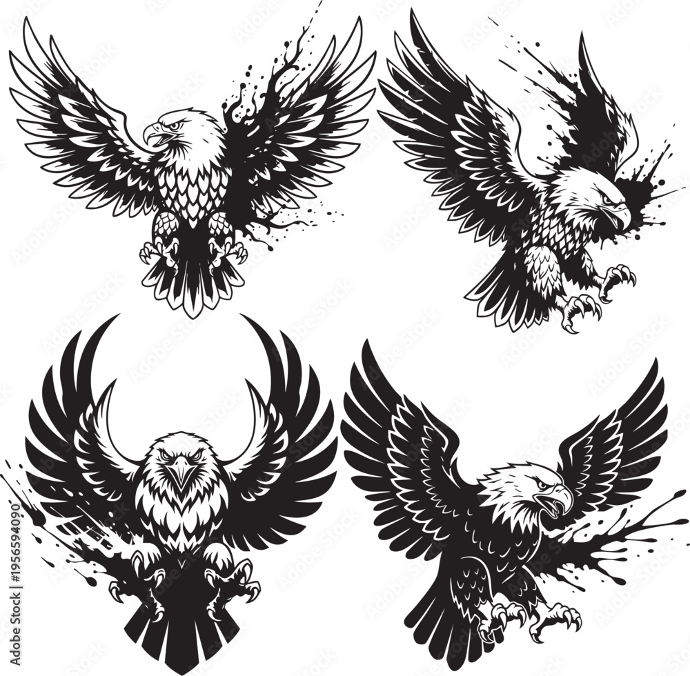 Fototapeta premium Eagle Bird Tribal Tattoo Vector Set, Abstract Black Ink Winged Animal Designs Collection