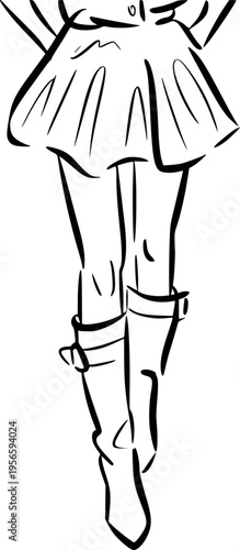 Black ink of woman's legs in short skirt and tall boots white background fashion
