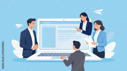 Business team collaborating on laptop