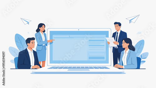 Business team collaborating on laptop