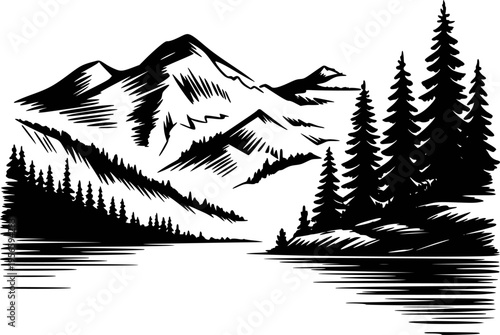 Black Silhouette Mountain Range Pine Forest Lakeside Landscape With Water Reflections