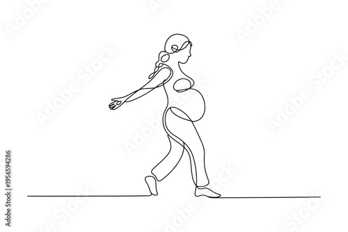 Line of a pregnant woman walking with one foot lifted and arms extended line pregnant woman black and white