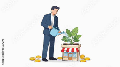 Businessman watering plant in storefront pot
