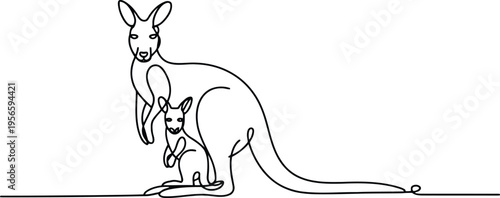 Minimalist black and white line of a kangaroo with joey in pouch line black and white