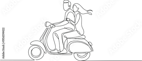 Minimalist black and white line of a man and woman riding a vintage scooter line man couple