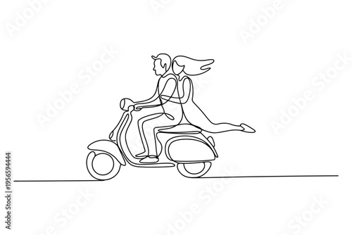 Minimalist black and white line of a man and woman riding a vintage scooter side sitting line man