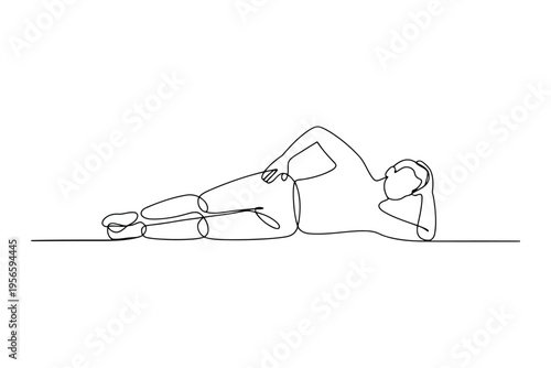 Minimalist black and white line of a person lying down with legs crossed and arm under head line person