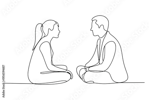 Minimalist black and white line of two people sitting cross legged facing each other line two people