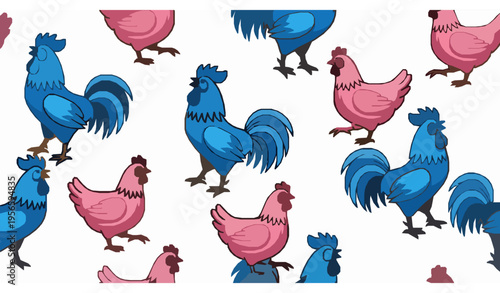 Stylized blue roosters and pink hens seamless vector pattern isolated on white background colorful and playful