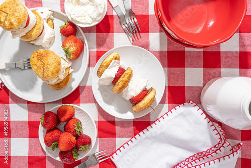 фотографія Summertime cookout dessert. Strawberry shortcake kabob skewers