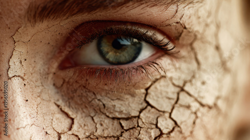 Close up of woman eye with cracked dry skin texture symbolizing dehydration
