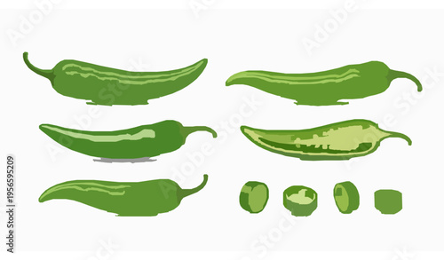 Realistic green chili pepper vector set with whole, slice, and piece isolated on white background