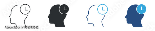 Time management icon set. Productivity, planning and efficiency concept with clock and human head. Vector illustration.