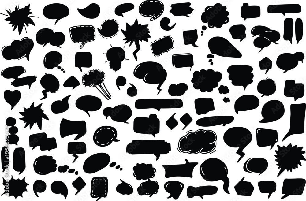 Fototapeta premium Speech Bubble Silhouette Set – Comic Dialog Boxes Collection, Chat Icons and Doodle Communication Shapes