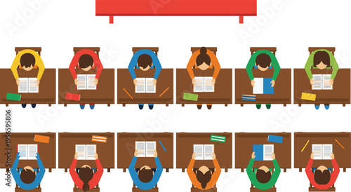 Top view flat vector illustration of diverse students sitting at desks in a classroom reading books during a lesson for education and school concept
