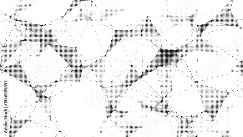 Geometric abstract mosaic of irregular polygons and halftone dots on transparent background