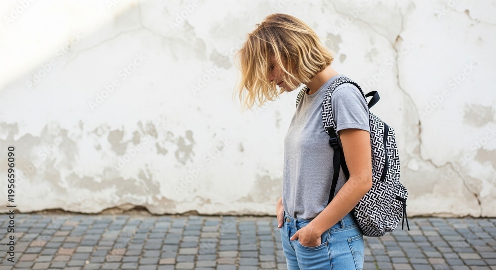 Fototapeta premium Blond woman standing with hands in pockets and backpack in urban scene looking down next to textured white wall in daylight