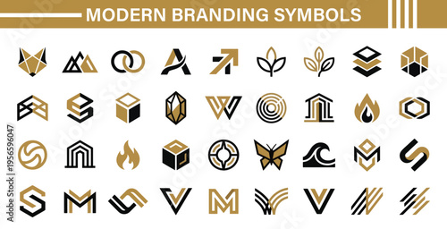 Collection of modern abstract branding symbols and geometric logos in gold and black for corporate identity