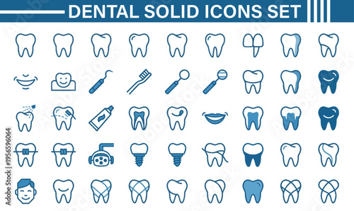 Comprehensive set of minimalist dental and oral care icons in blue and white for dentistry branding