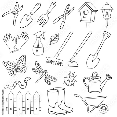 Hand drawn collection of gardening tools and nature elements. Gardening set in sketch style. Line art set for coloring book