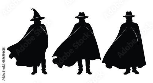Three figures dressed as wizards with flowing capes and hats are depicted in a dark dramatic silhouette high quality professional detailed