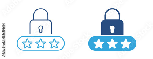 Secure password icon set. Lock with password stars, login security, privacy protection and data safety concept. Vector illustration.