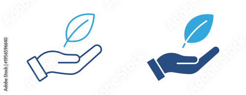 Eco support icon set. Hand holding leaf, sustainability, environment protection and green energy concept. Vector illustration.
