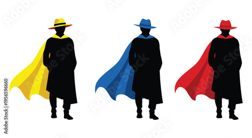 Three figures in capes and hats stand together rendered as striking black silhouettes high quality professional detailed modern elegant stylish clean