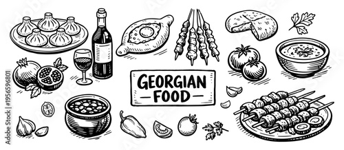 Georgian food khachapuri and khinkali in vintage sketch style