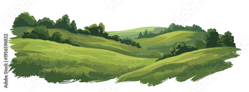Green rolling hill landscape with meadow and tree