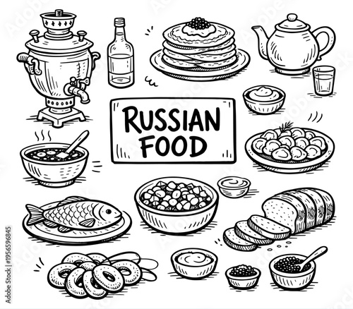 Traditional russian food and cuisine with samovar and blini sketch doodle